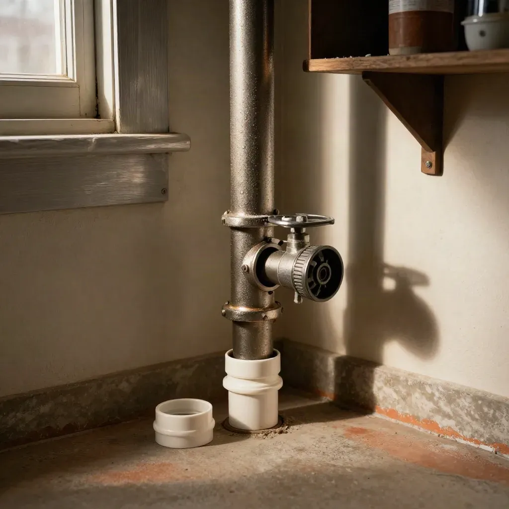 Basement drain stack with installed backwater valve and capped cleanout in warm light
