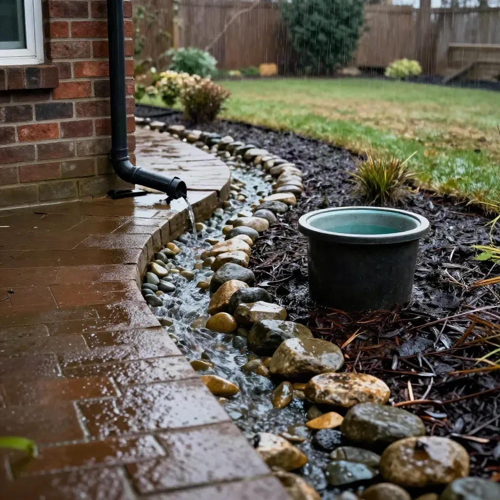Grading swale, black downspout extension, river stone trench and catch basin beside a brick foundation.