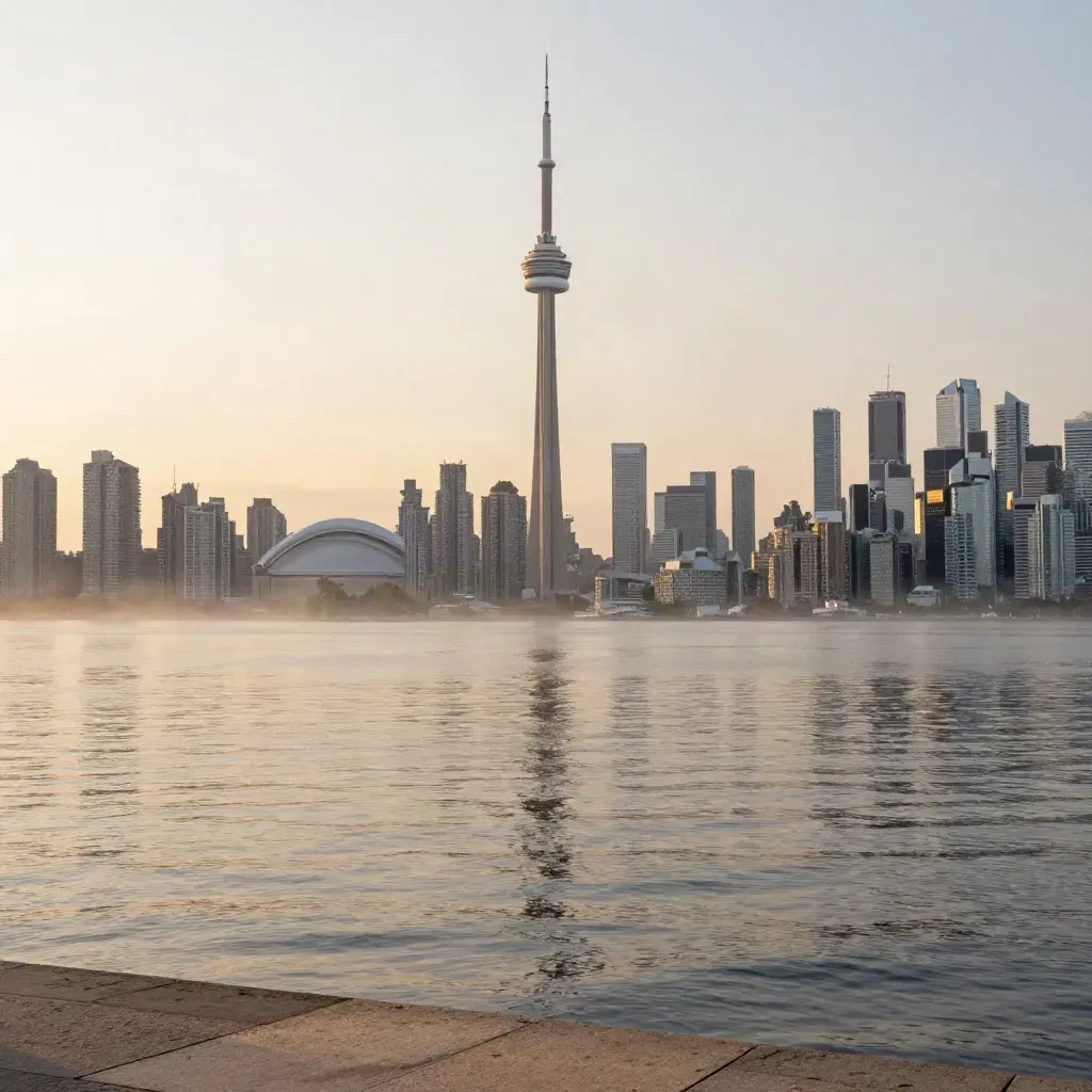 Toronto skyline with CN Tower over calm lake water in warm golden haze